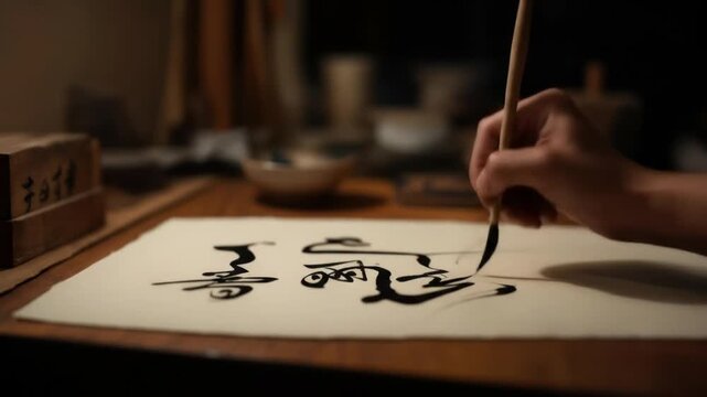 A hand uses a brush to write calligraphy on paper. Other items blur in the background