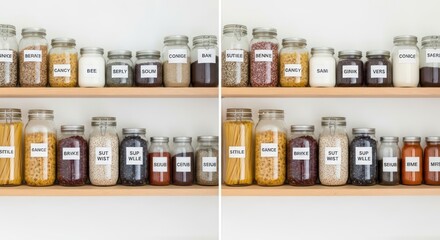 Neatly arranged jars of spices, grains, and dry ingredients on wooden shelves in a bright kitchen. The organized pantry display highlights minimalism, cleanliness, and sustainable 