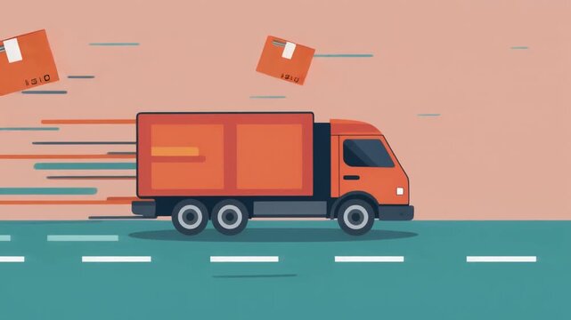 Delivery truck speeding with boxes, flat vector illustration.
