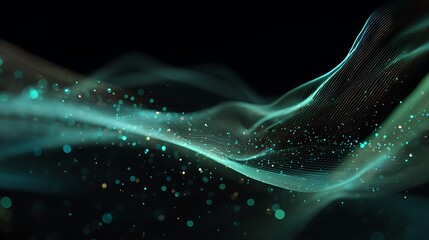 Abstract Flowing Turquoise Wave with Glowing Particles on Black Background