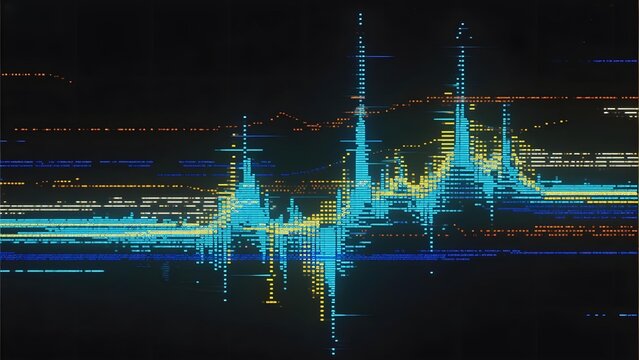 Digital waveform visualization with colorful peaks and data streams on a dark background