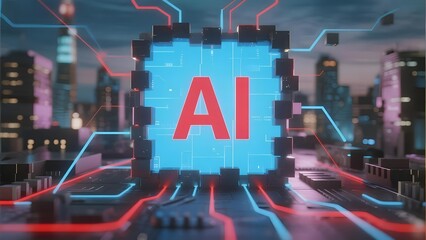 Digital AI chip with glowing circuitry in a futuristic cityscape
