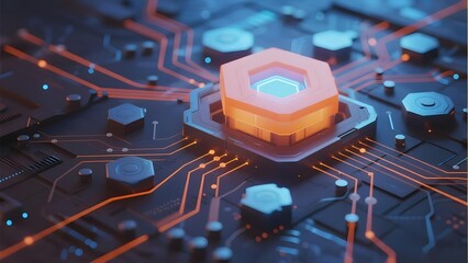 Close-up of a futuristic microchip with glowing hexagonal processor on a circuit board