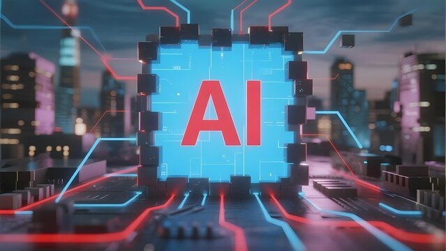 Digital AI chip with glowing circuitry in a futuristic cityscape