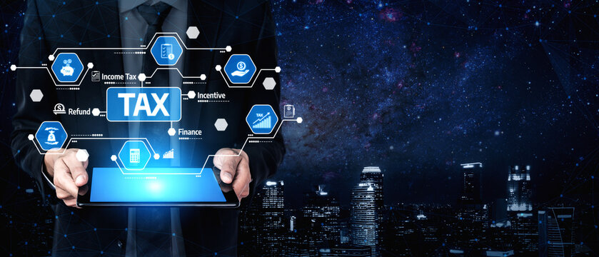 A businessman holds a tablet displaying tax-related icons, symbolizing modern finance and technology against a city skyline, representing accuracy and professional service. Tessel