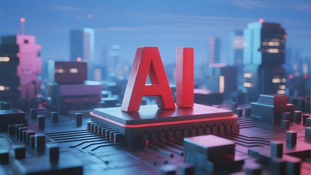 Red AI letters on a circuit board with futuristic cityscape in the background