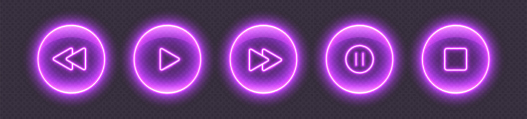 Neon media player buttons. Purple glowing glossy audio control icons. Interface elements for music or video streaming service. Vector illustration. © Likanaris