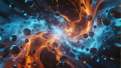 Abstract cosmic scene with swirling nebula, glowing particles, and floating spheres in vibrant orange and blue hues