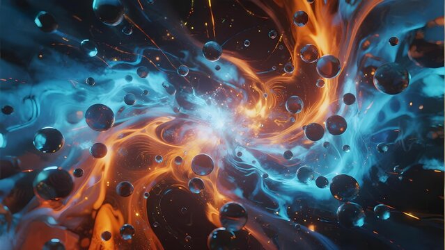 Abstract cosmic scene with swirling nebula, glowing particles, and floating spheres in vibrant orange and blue hues