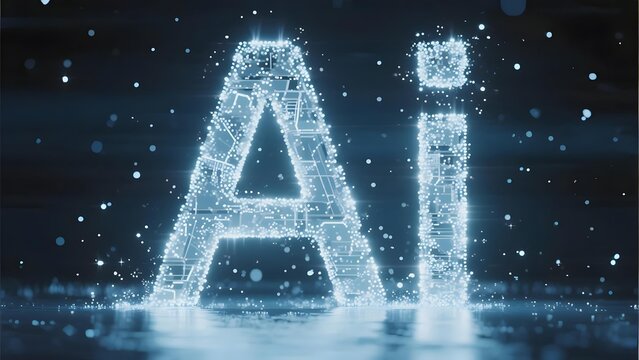 Digital representation of 'AI' formed by glowing particles and geometric patterns against a dark background with reflective surface.