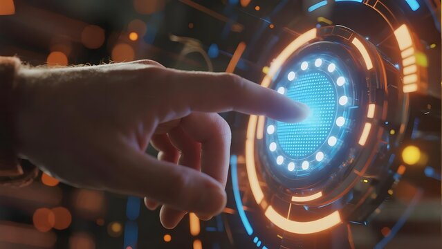 A hand interacts with a futuristic holographic interface featuring illuminated circular elements and digital patterns. - Powered by Adobe