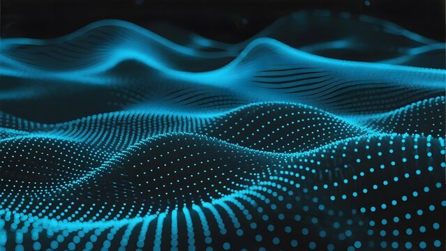 Abstract digital wave pattern composed of glowing blue dots forming undulating surfaces against a dark background