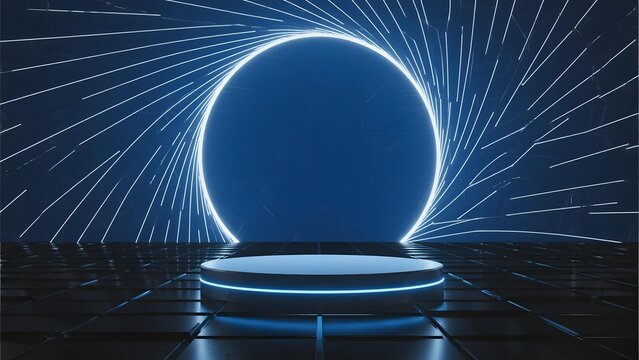 Futuristic circular platform with glowing blue light ring and radiating lines in a dark space - Powered by Adobe