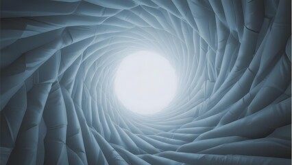 Spiral tunnel with glowing light at the center, featuring layered blue walls and a symmetrical pattern.