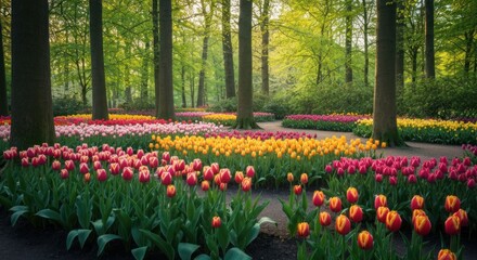 Fototapeta premium Rows of colorful tulips bloom beneath tall trees on a winding path