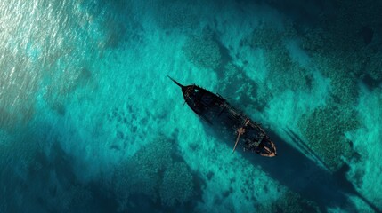 Obraz premium Aerial View of Old Shipwreck in Crystal Clear Turquoise Water Surrounded by Coral Reef Under Bright Sunlight