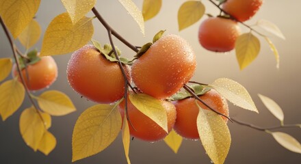 Autumn's bounty: Fresh persimmons on a branch with dew kissed golden leaves
