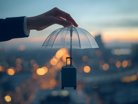 Travel insurance concept with protection symbols for safe journeys.