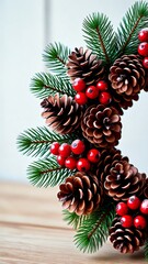 Holiday decoration with pine branches, pinecones and red berries on wooden table for Christmas marketing campaign, seasonal advertising, and festive corporate presentation background