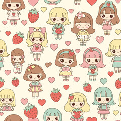 Fototapeta premium Cute Kawaii Girls and Strawberries Seamless Pattern 12. Vector Illustrations. EPS Editable