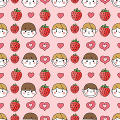 Cute Kawaii Strawberry Characters and Hearts Seamless Pattern. Vector Illustrations. EPS Editable