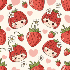 Cute Kawaii Strawberry Characters Seamless Pattern. Vector Illustrations. EPS Editable