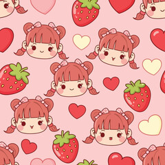 Cute Kawaii Strawberry Girl and Hearts Seamless Pattern Background. Vector Illustrations. EPS Editable
