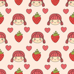 Cute Kawaii Strawberry Girl and Hearts Seamless Pattern. Vector Illustrations. EPS Editable