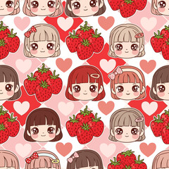 Cute Kawaii Strawberry Girl Faces and Hearts Pattern. Vector Illustrations. EPS Editable