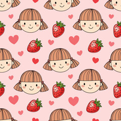 Cute Kawaii Strawberry Girl Faces and Hearts Seamless Pattern. Vector Illustrations. EPS Editable