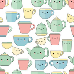 Cute Kawaii Tea Cups and Teapots Pattern. Vector Illustrations. EPS Editable