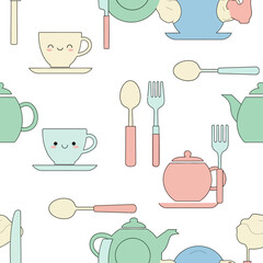 Cute Kawaii Tea Party Set with Teapots Cups and Spoons. Vector Illustrations. EPS Editable