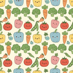 Cute Kawaii Vegetables Pattern Seamless Background. Vector Illustrations. EPS Editable