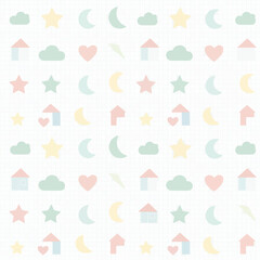 Cute Pastel Seamless Pattern with Stars Moons Houses and Clouds. Vector Illustrations. EPS Editable