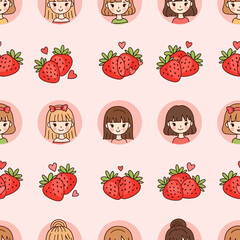 Cute Seamless Pattern of Kawaii Girls and Strawberries with Hearts. Vector Illustrations. EPS Editable