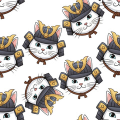 Cute White Cat Samurai Warrior Wearing Traditional Armor and Helmet. Vector Illustrations. EPS Editable