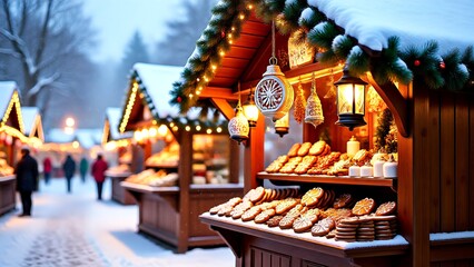 Fototapeta premium Cozy winter Christmas market scene with warmly lit wooden stalls selling festive holiday cookies and decorations, perfect for advertising, marketing campaigns, or website backgrounds