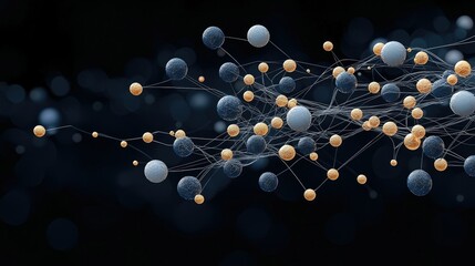 A complex network of interconnected spheres, varying in size and color, forms an abstract representation of connections and data flow.