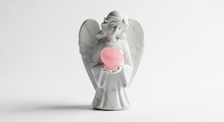Obraz premium White Angel Statue Holding Glowing Pink Heart on White Background