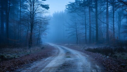 Enchanted pathway through a haunted forest at dusk with glowing mist and eerie atmosphere