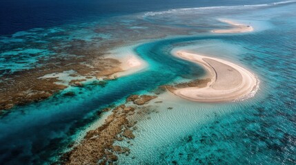 Aerial View of Serene Tropical Island with Turquoise Waters and Sandy Beach Surrounded by Coral Reef in Sunny Weather