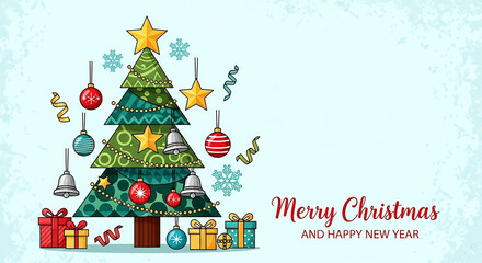 Fototapeta premium Christmas Tree with Decorations and Gifts, Holiday Greeting Card