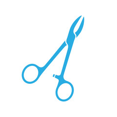 Simple blue vector icon of a surgical clamp or forceps. A medical instrument used in surgery and healthcare, representing precision and medical procedures
