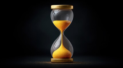 Elegant hourglass with golden top and bottom, showcasing flowing yellow sand against a dark background, symbolizing the passage of time and life's transience