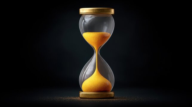 Elegant hourglass with golden top and bottom, showcasing flowing yellow sand against a dark background, symbolizing the passage of time and life's transience