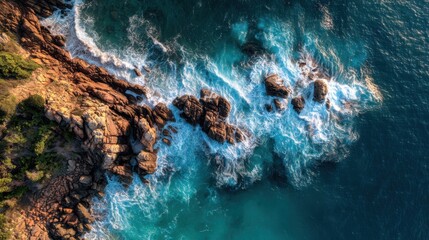 Scenic Aerial View of Rocky Coastal Shoreline with Turquoise Ocean Waves and Lush Greenery on Sunny Day