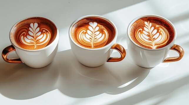 Photorealistic flat lay of coffee latte art in a cozy caf   bathed in warm morning light