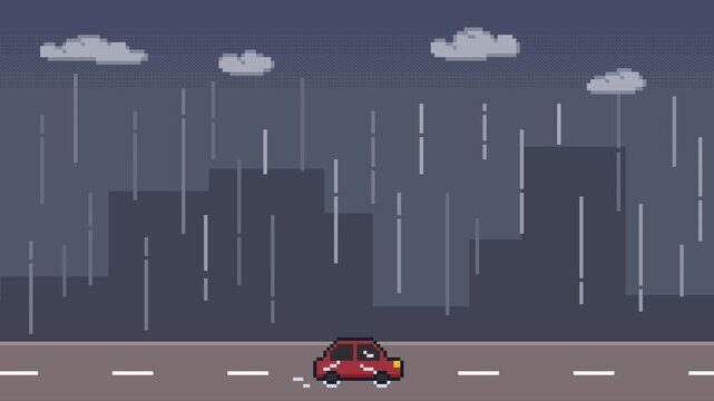 8-bit pixel art red car driving on a rainy day. looped animation 4k 30fps