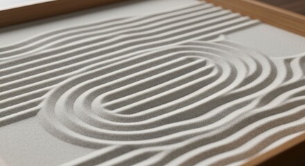 Textured, zen sand garden with raked patterns in a wooden frame