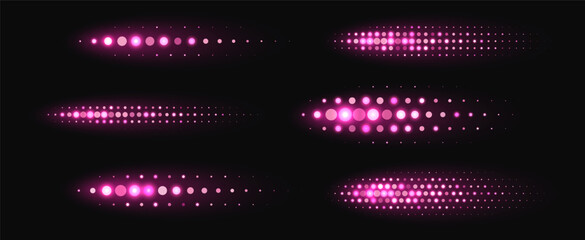 Pink halftone shapes, glowing dynamic elements made from sparkling dots. Glowing vector illustration with spray effect.
